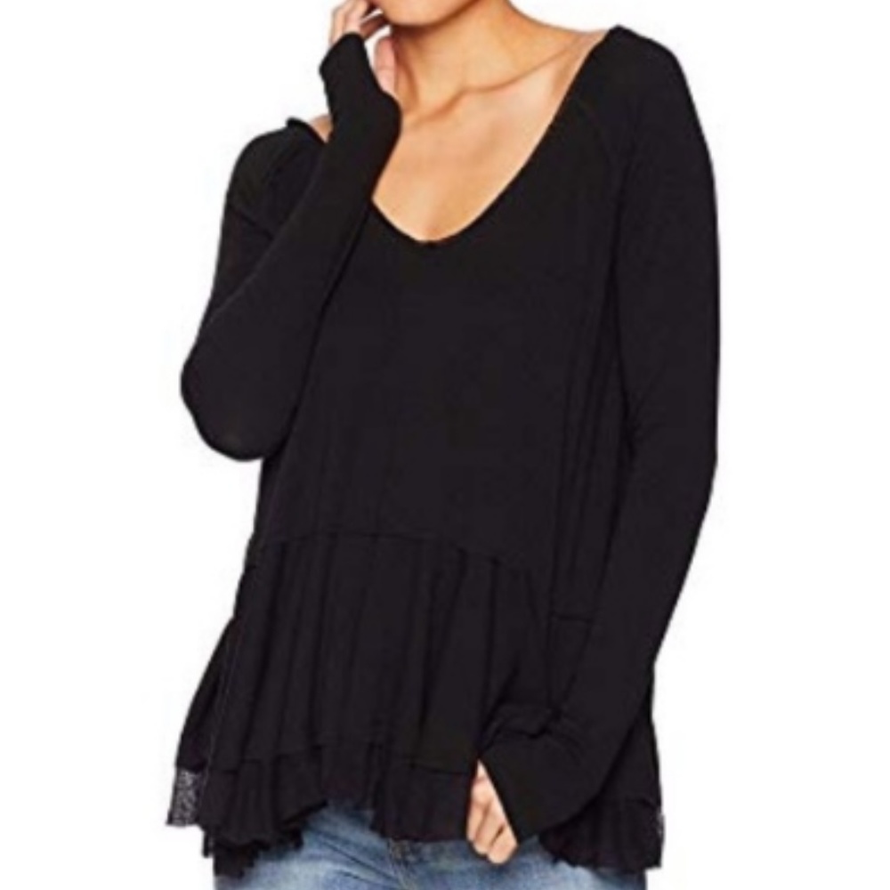 Free People Tunic Top Ruffle Hem Swing Tee V Neck